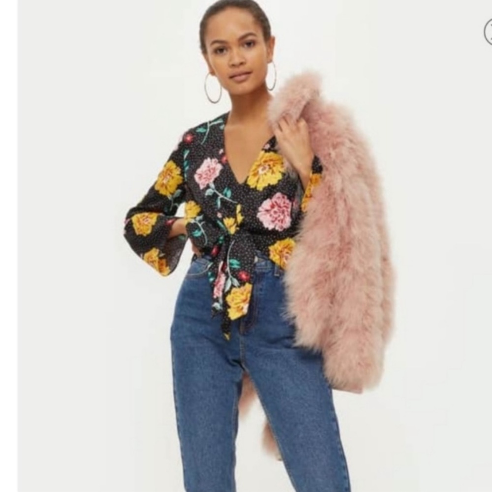Topshop Floral Dot Jacquard Tie Front Crop Top Size 4